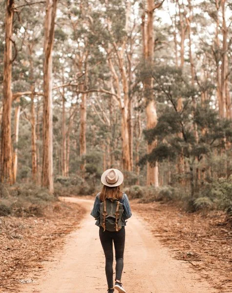 A woman walks down a path through a forest.